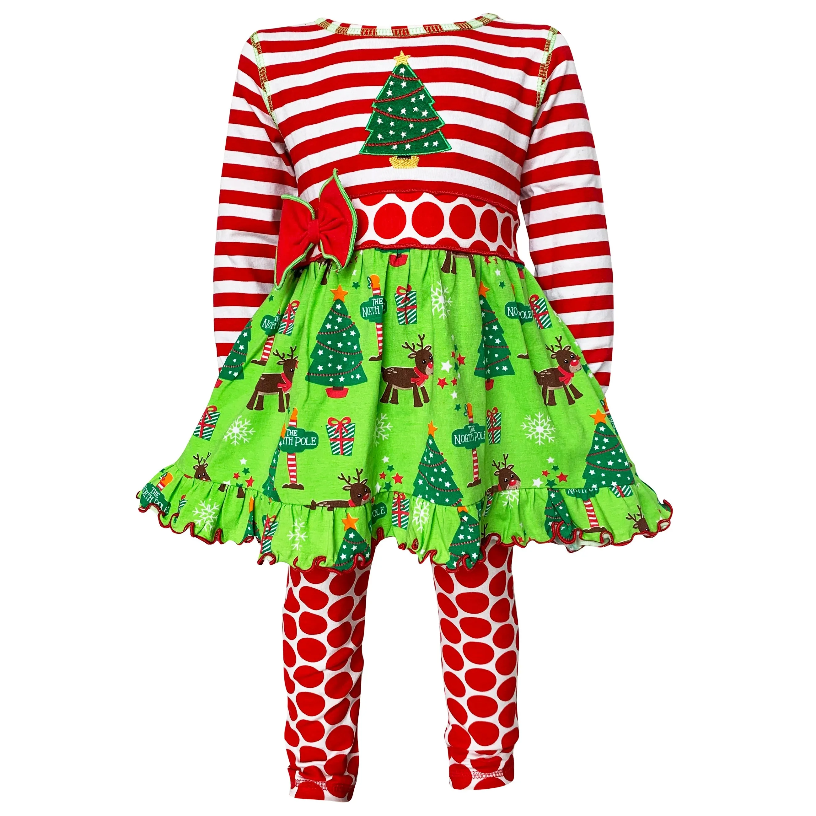 AnnLoren Girls Boutique Christmas Holiday Dress and Polka Dot Legging Set