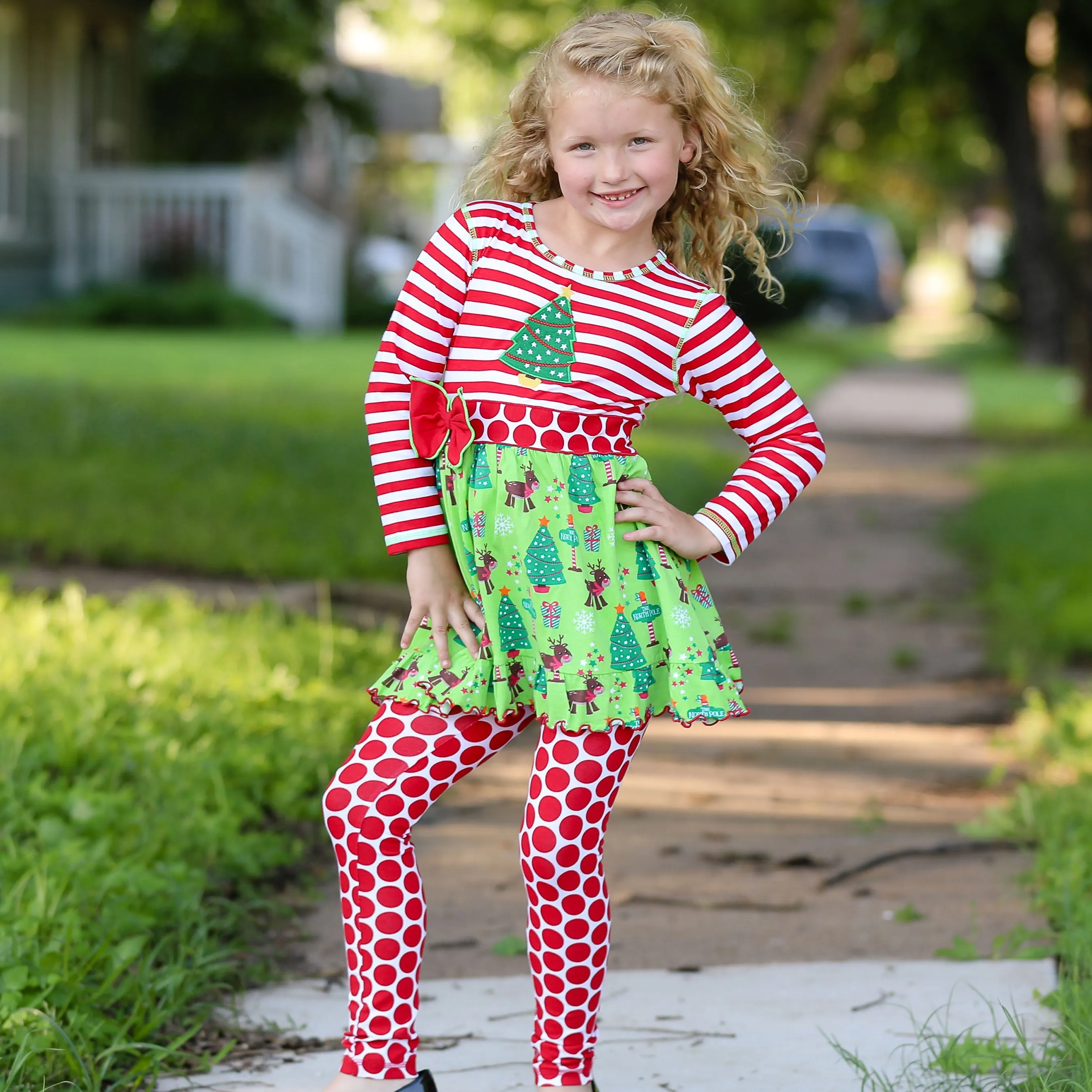 AnnLoren Girls Boutique Christmas Holiday Dress and Polka Dot Legging Set