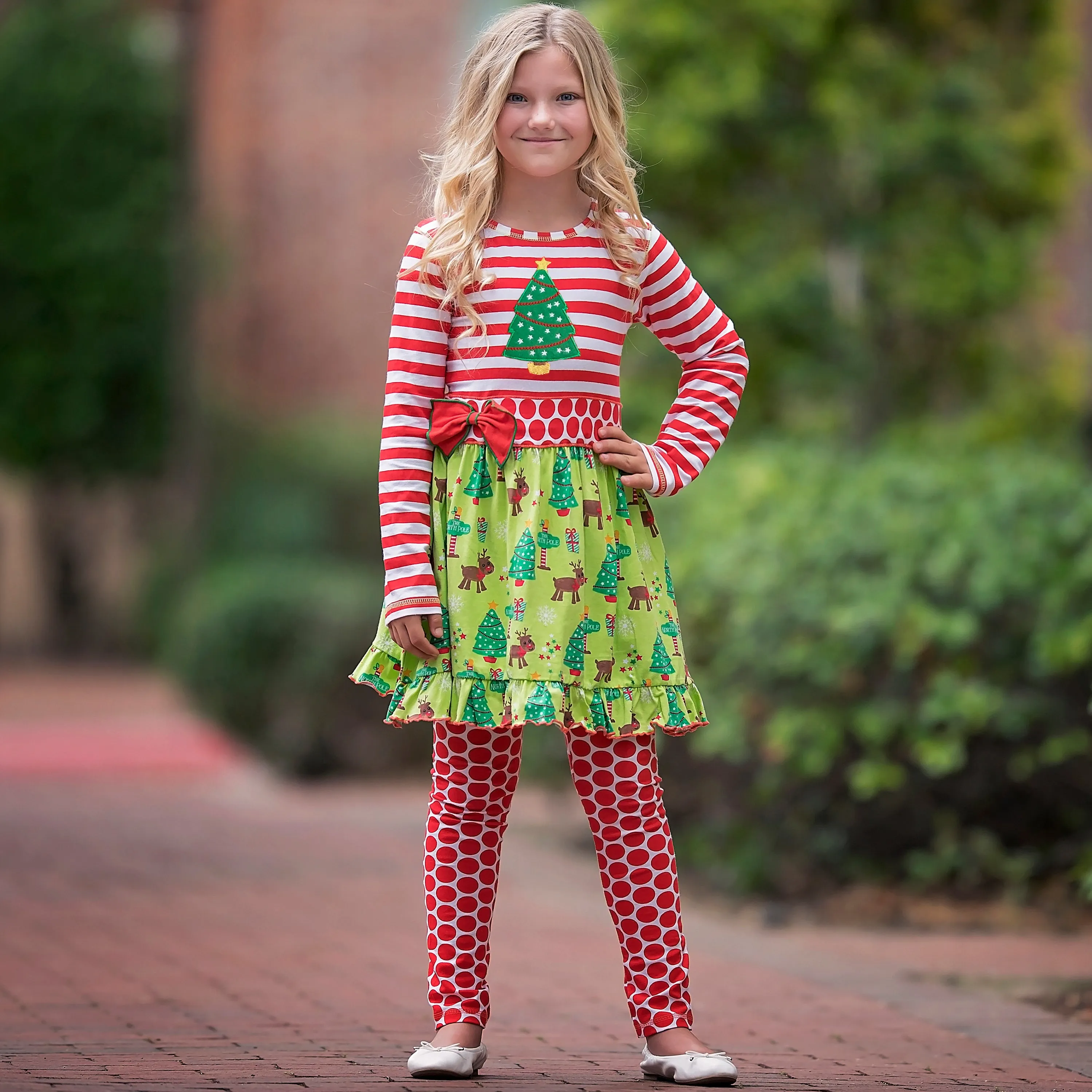 AnnLoren Girls Boutique Christmas Holiday Dress and Polka Dot Legging Set