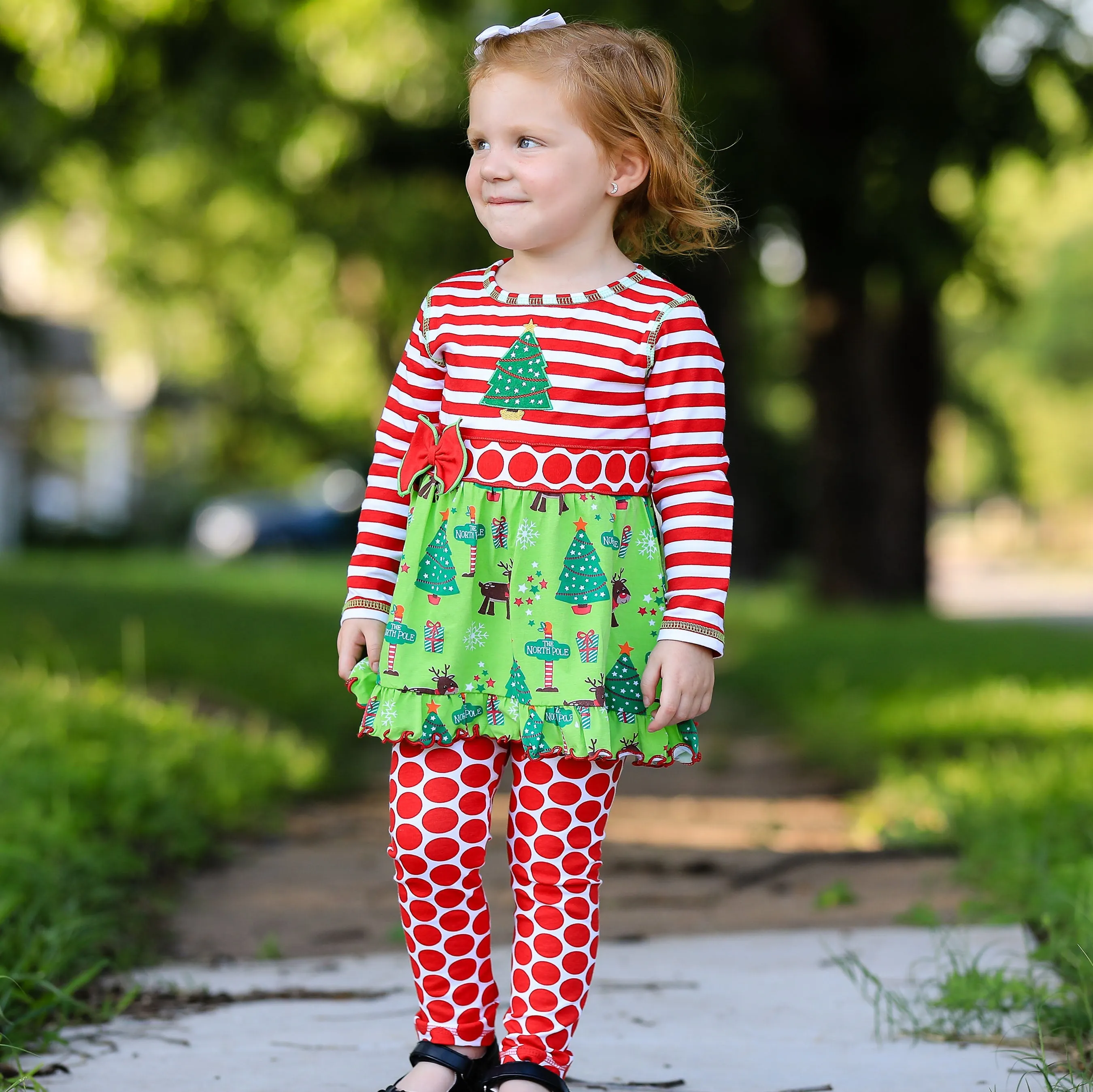 AnnLoren Girls Boutique Christmas Holiday Dress and Polka Dot Legging Set