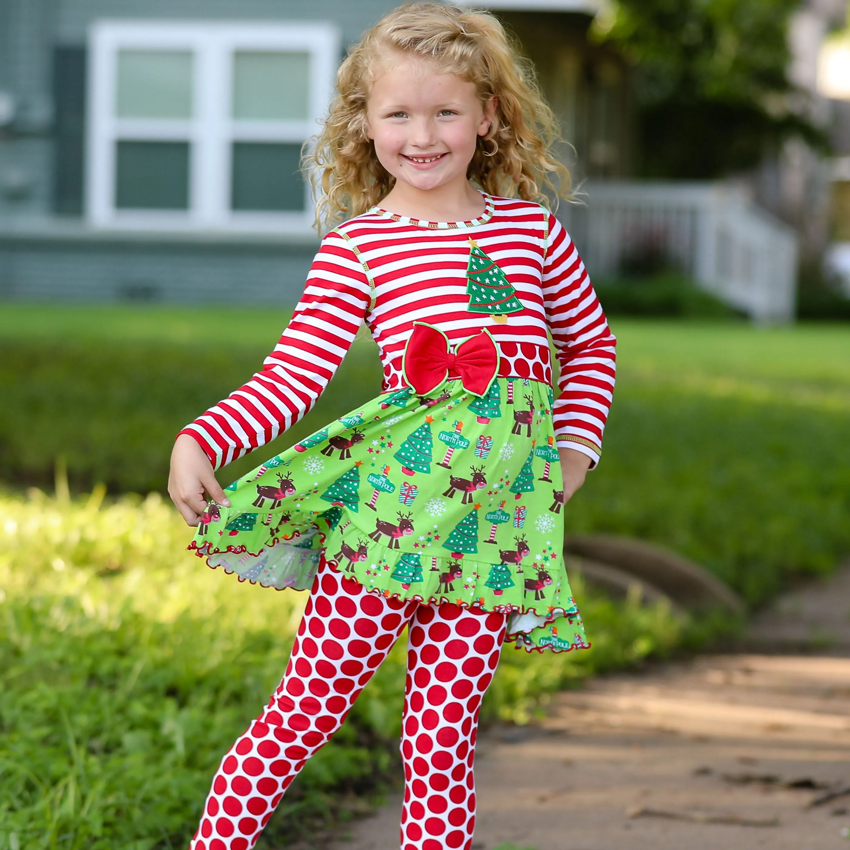 AnnLoren Girls Boutique Christmas Holiday Dress and Polka Dot Legging Set