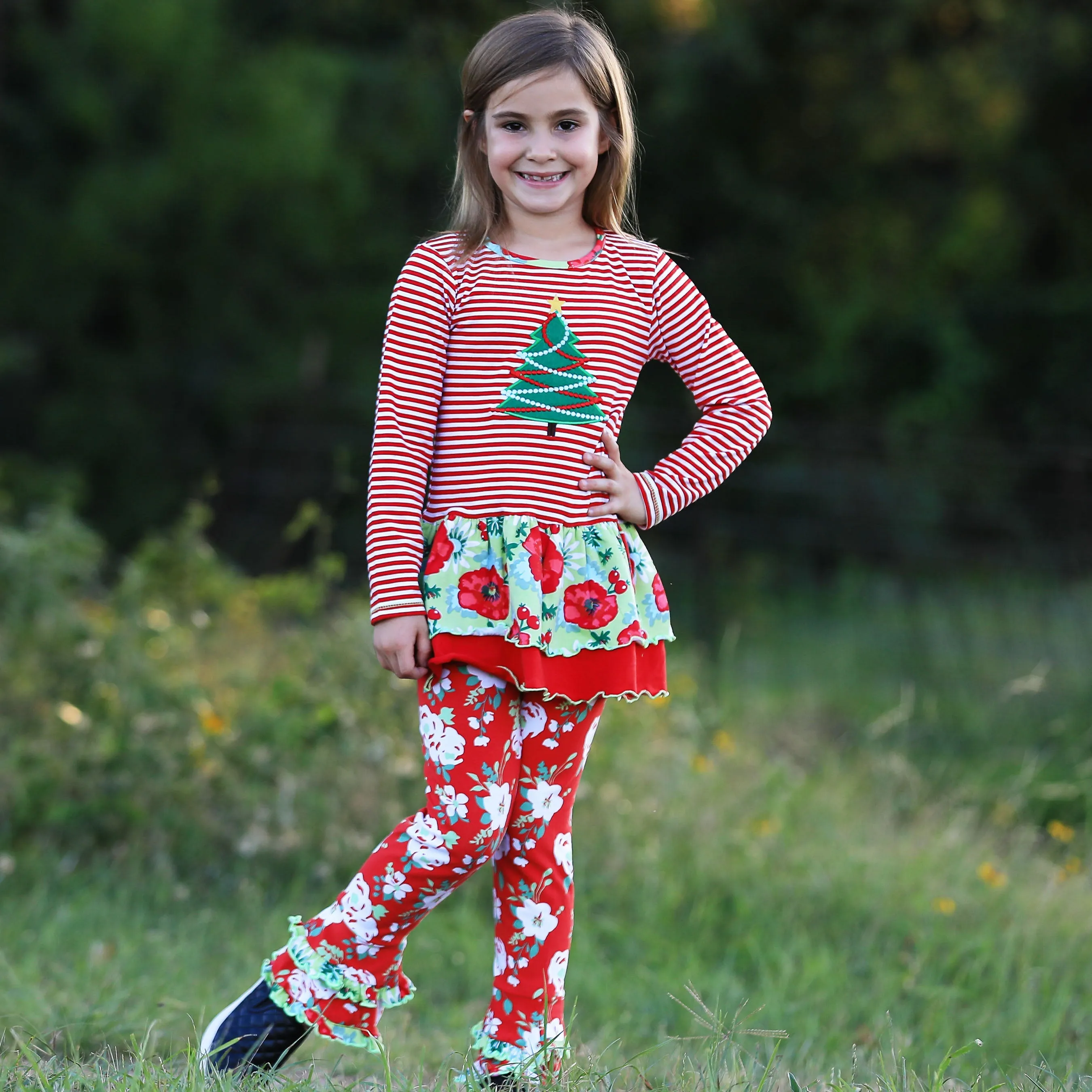 AnnLoren Girls Boutique Christmas Tree Holiday Tunic and Floral Ruffle Pants