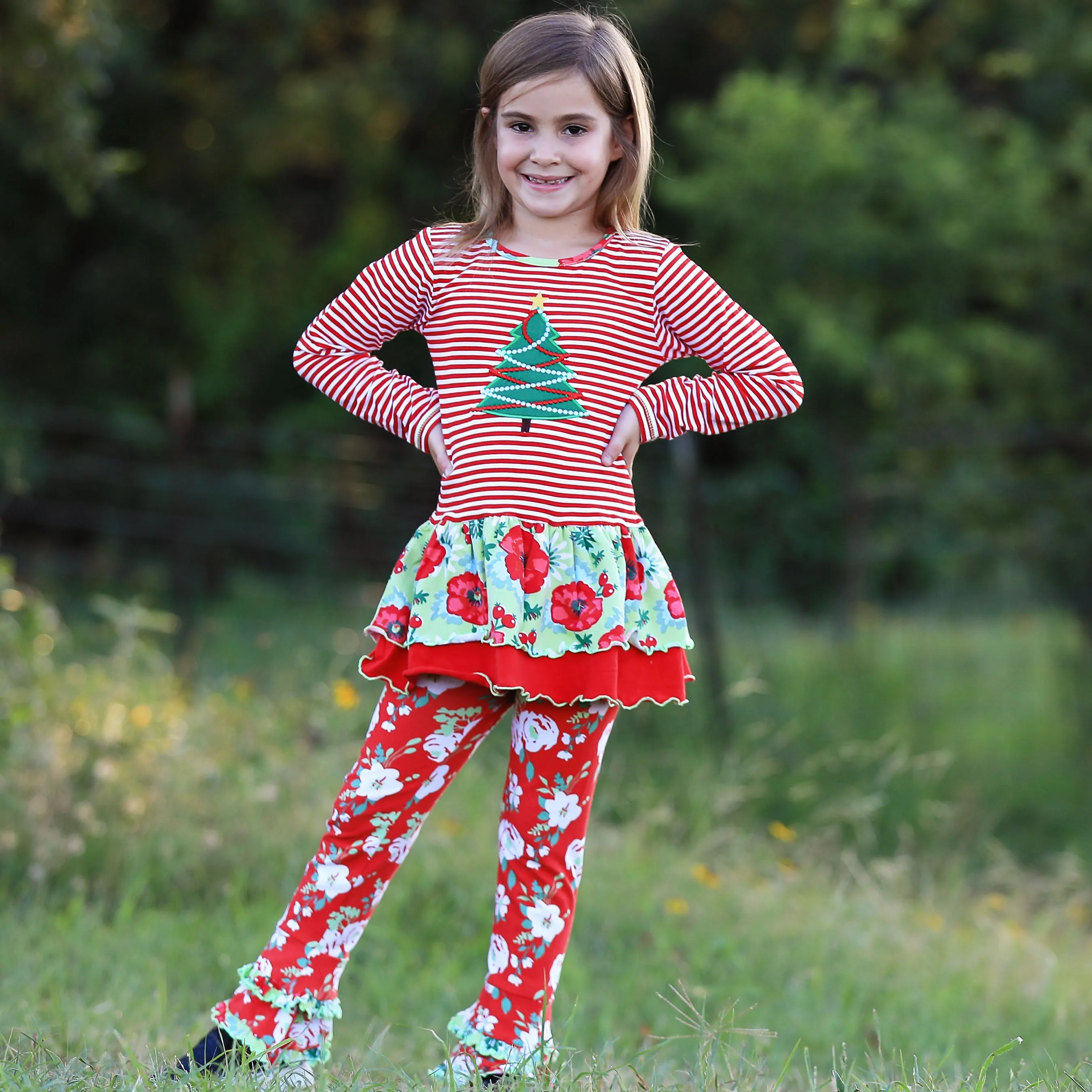 AnnLoren Girls Boutique Christmas Tree Holiday Tunic and Floral Ruffle Pants