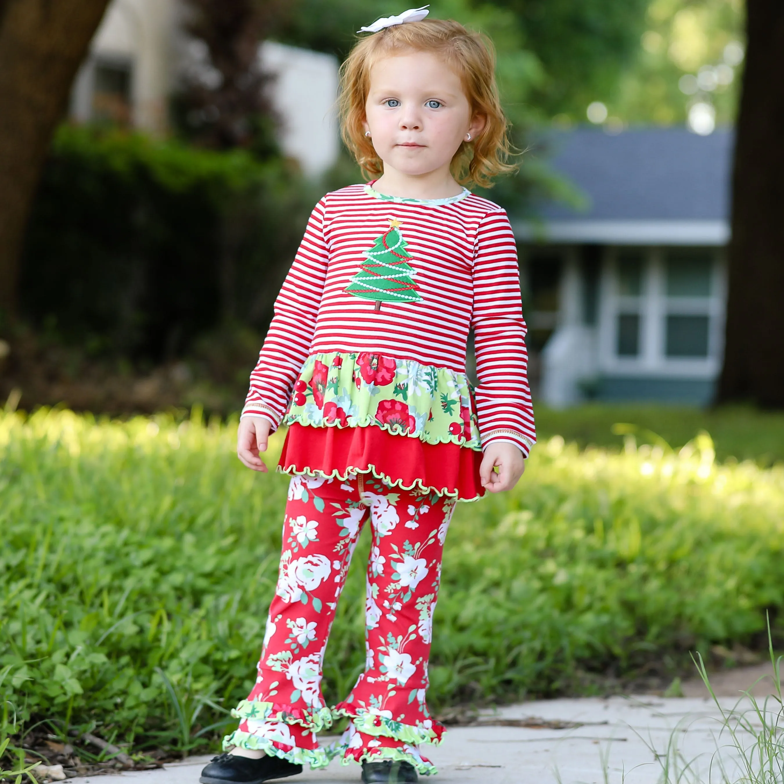 AnnLoren Girls Boutique Christmas Tree Holiday Tunic and Floral Ruffle Pants