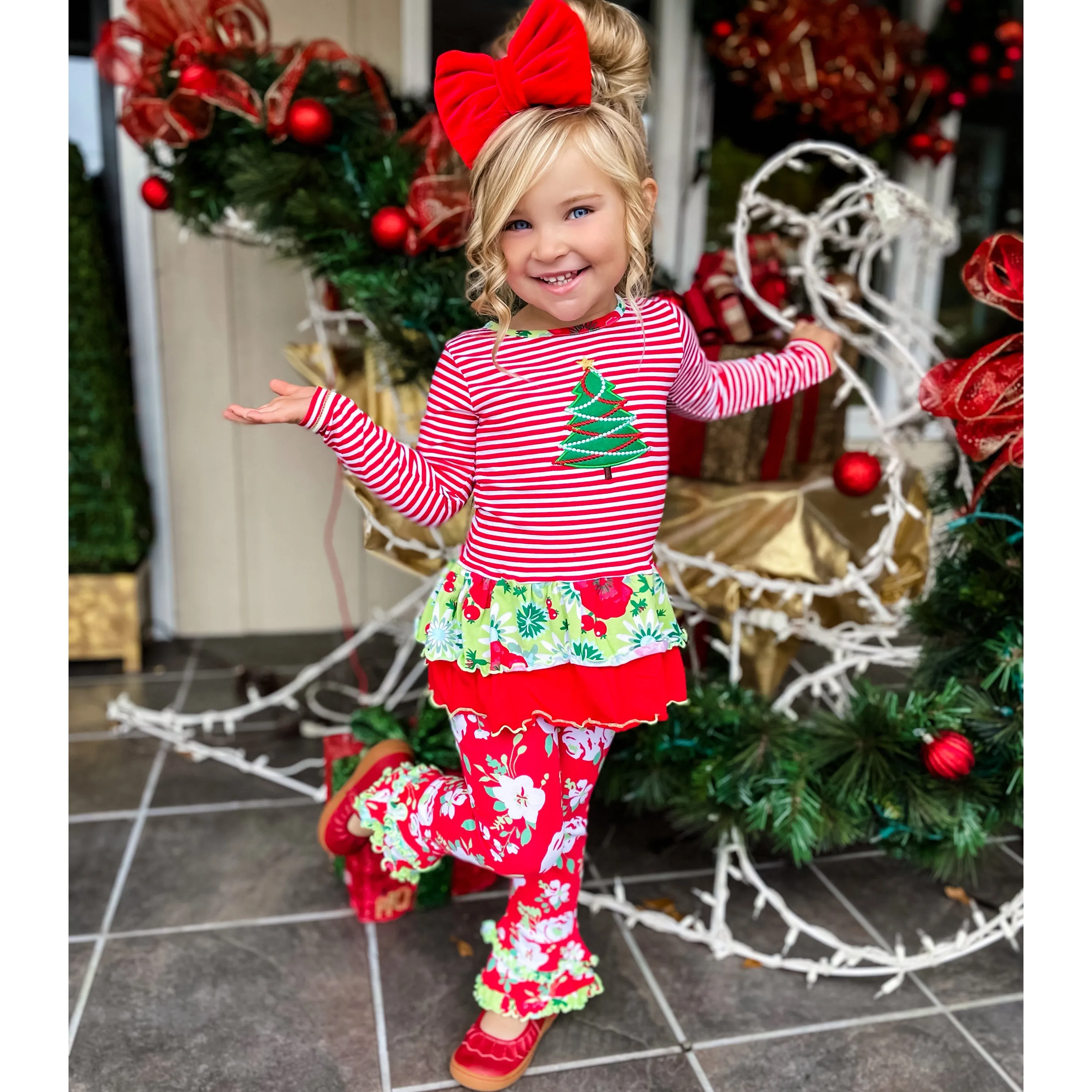 AnnLoren Girls Boutique Christmas Tree Holiday Tunic and Floral Ruffle Pants