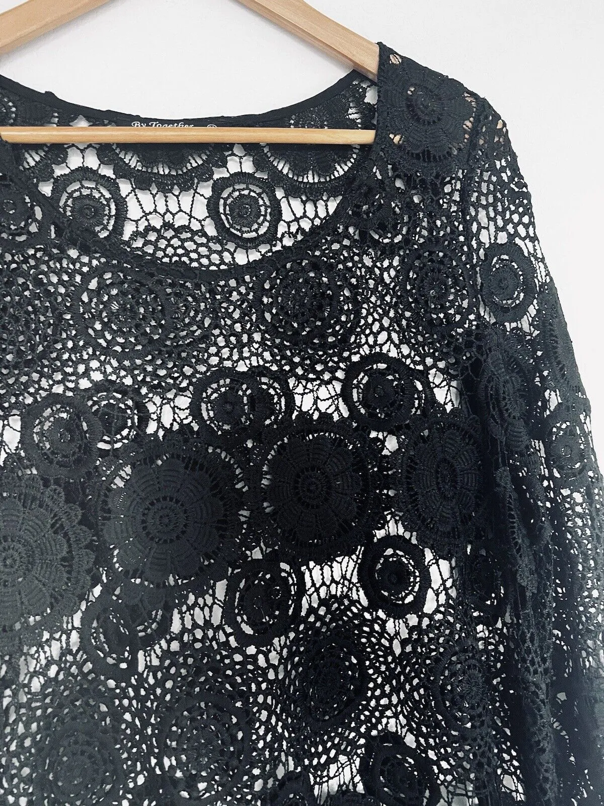 ANTHROPOLOGIE By Together Embroidered Crochet knit Sz XL Black Boho Cover Up