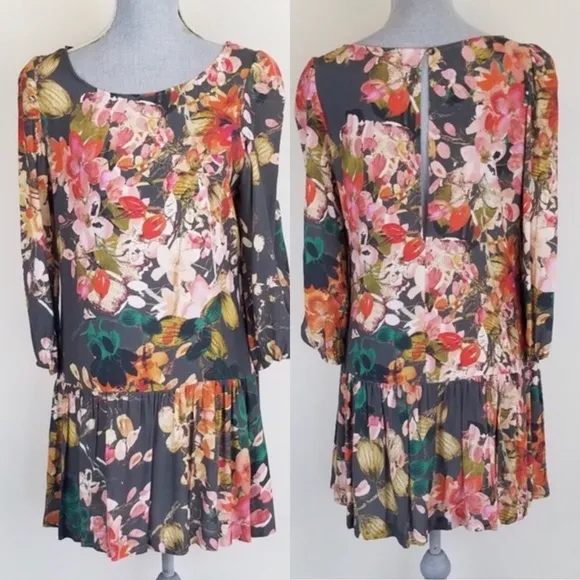 Anthropologie Meadow Rue Minutiae Floral Dress Sz 4 Drop Waist 3/4 Sleeves