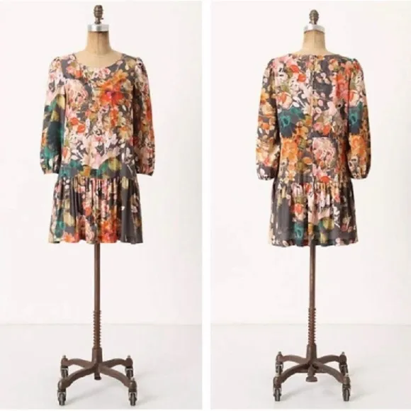 Anthropologie Meadow Rue Minutiae Floral Dress Sz 4 Drop Waist 3/4 Sleeves