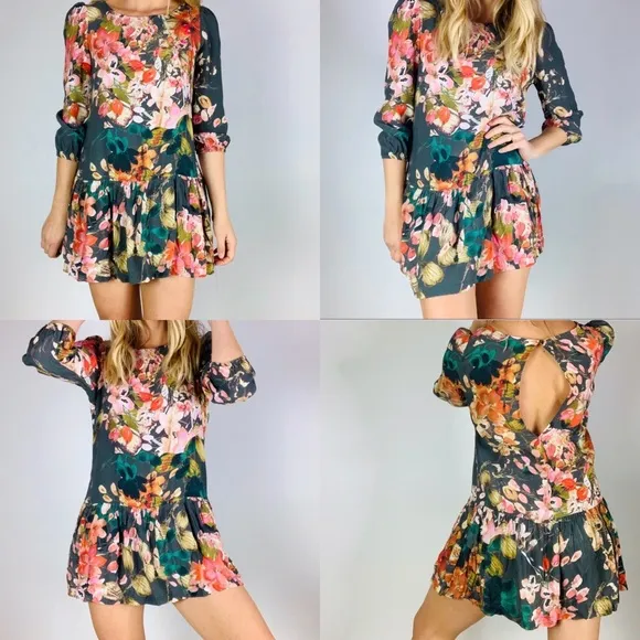 Anthropologie Meadow Rue Minutiae Floral Dress Sz 4 Drop Waist 3/4 Sleeves