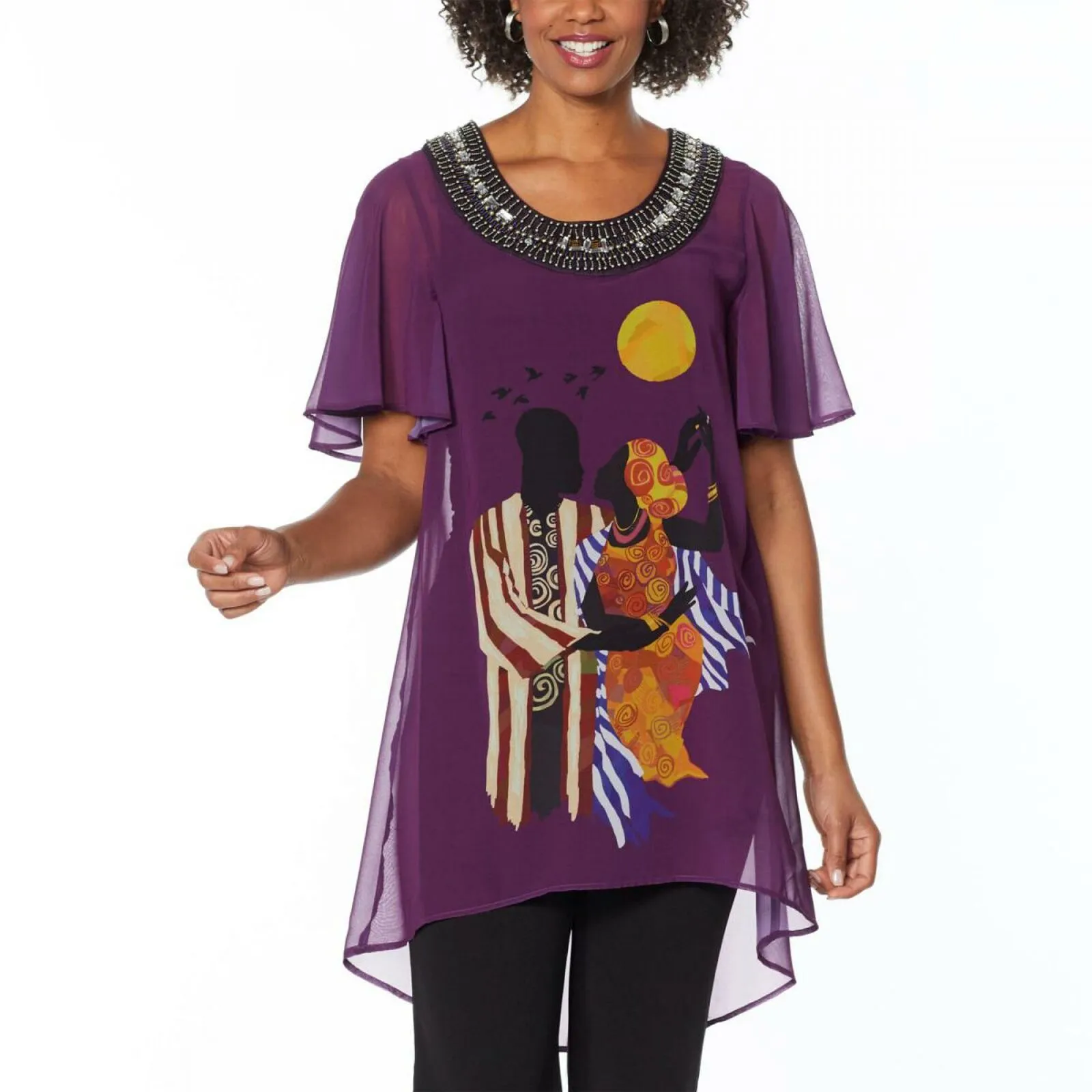 Antthony Holiday Luxe Lady Print Hi Low Tunic Top The Embrace Medium