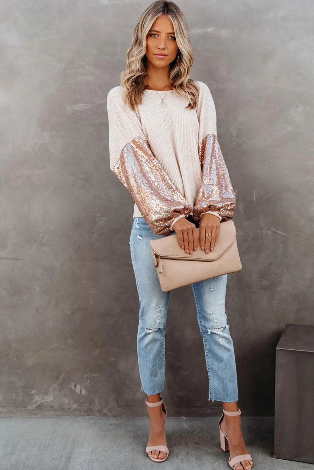 Apricot Crossed Open Back Sequin Puff Sleeve Top