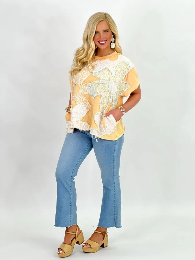 Apricot Washed Floral Patch Oversized Top