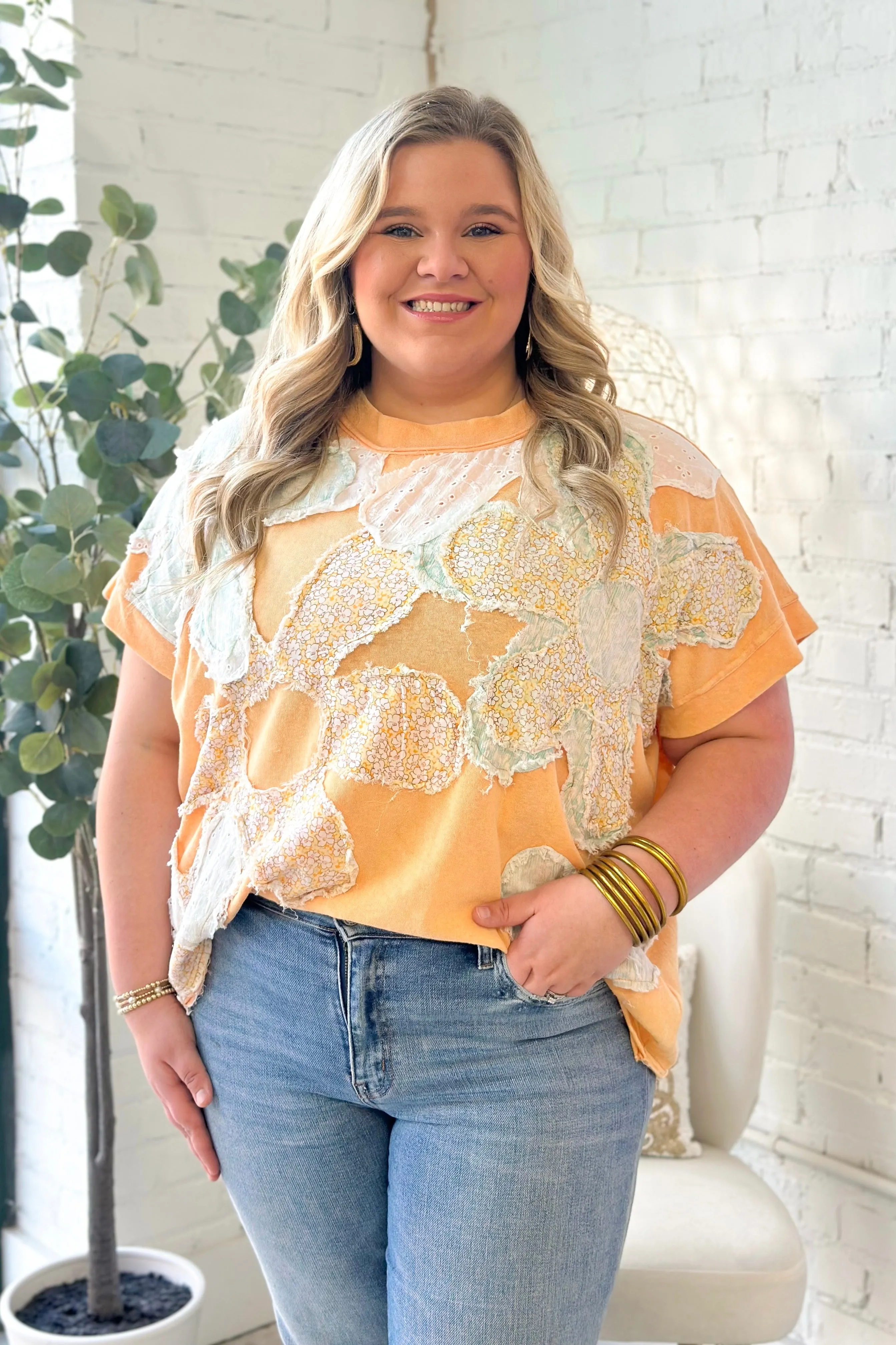 Apricot Washed Floral Patch Oversized Top