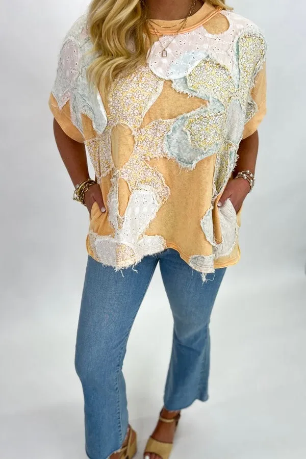 Apricot Washed Floral Patch Oversized Top