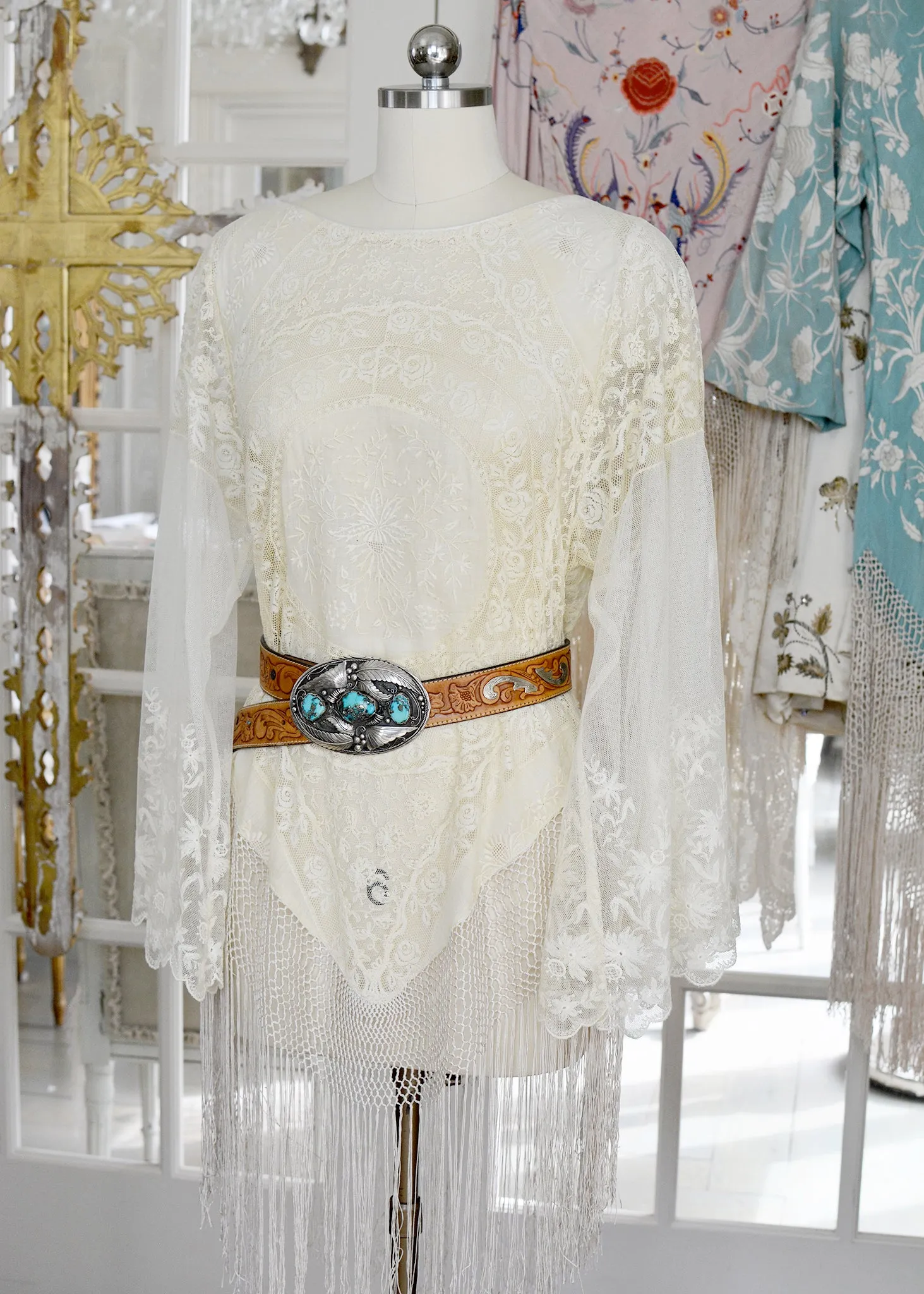 Astrid Antique Normandy Lace Mini Tunic with Silk Fringe