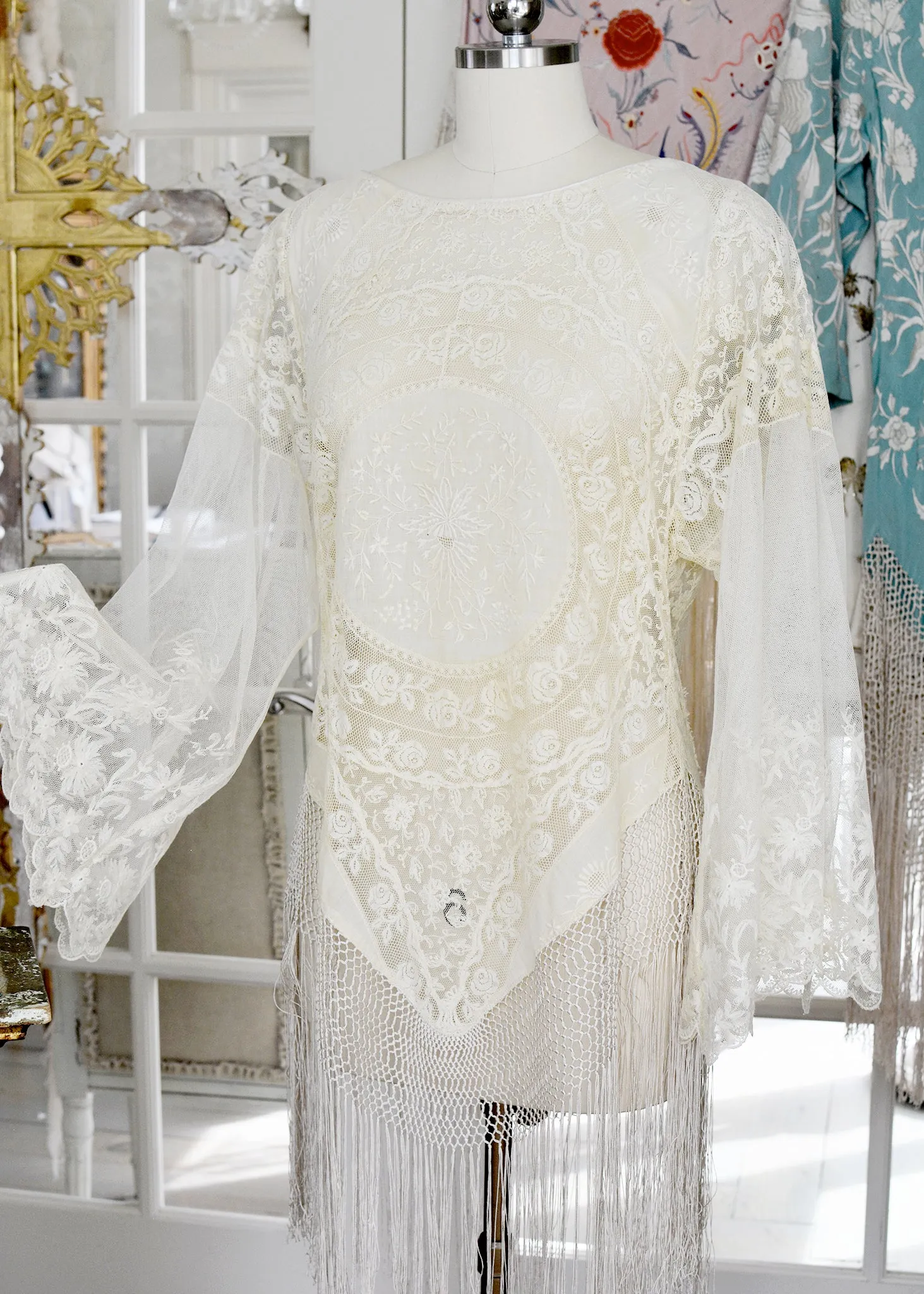 Astrid Antique Normandy Lace Mini Tunic with Silk Fringe