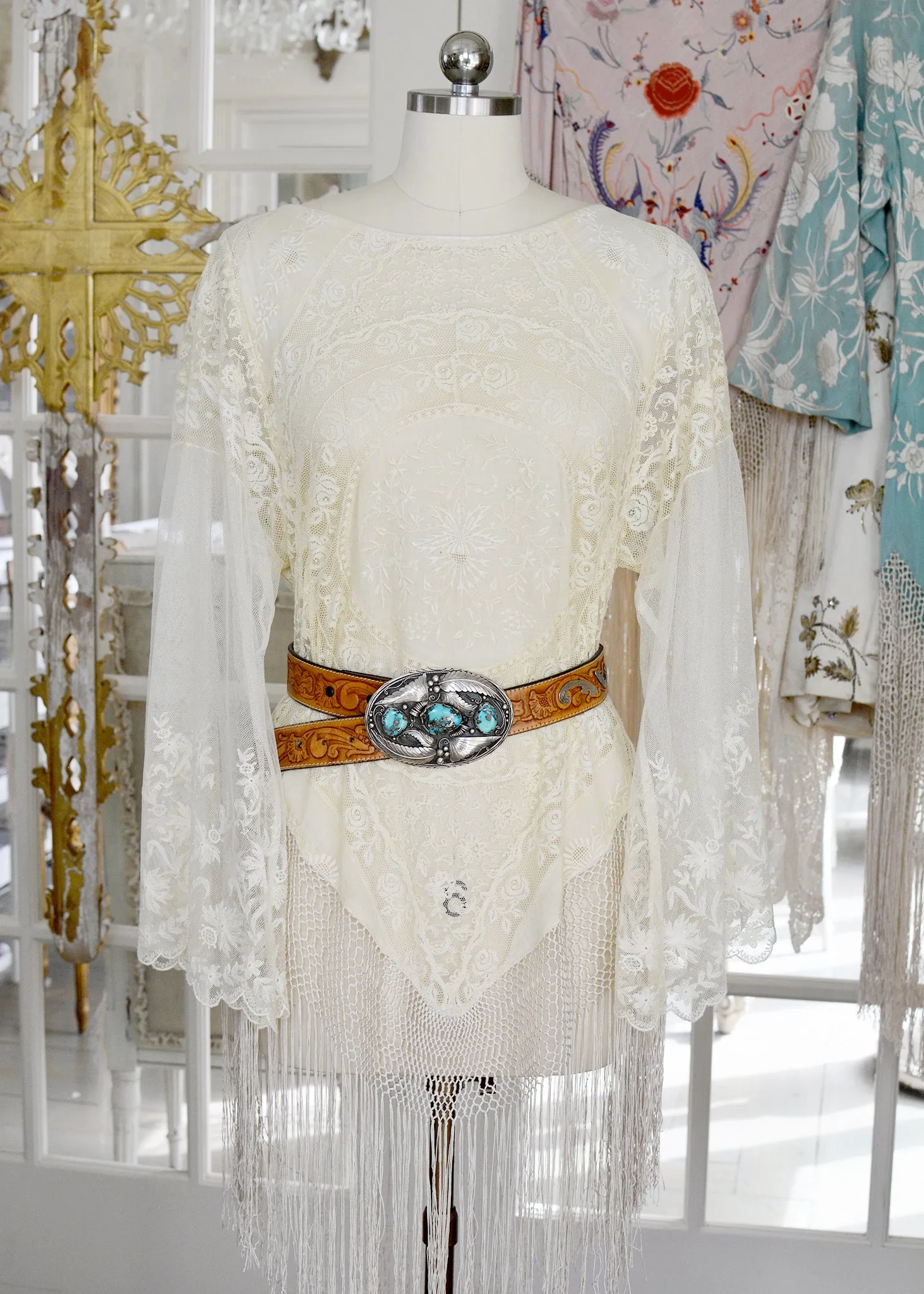 Astrid Antique Normandy Lace Mini Tunic with Silk Fringe