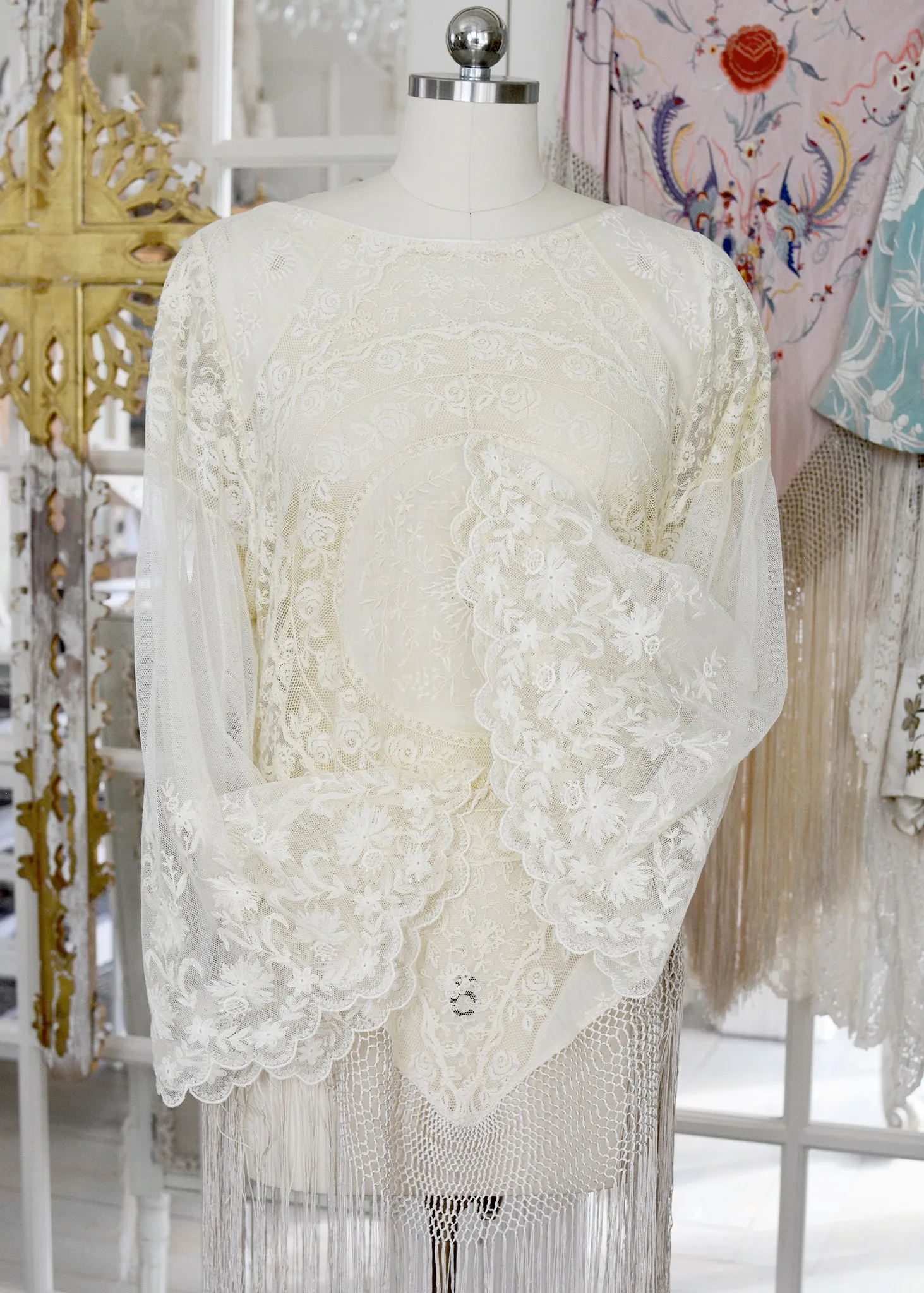 Astrid Antique Normandy Lace Mini Tunic with Silk Fringe