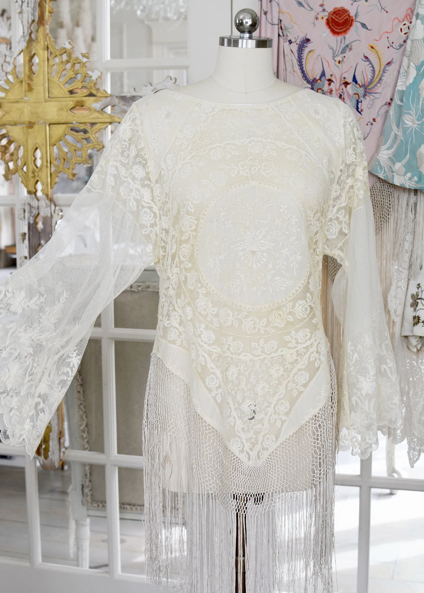 Astrid Antique Normandy Lace Mini Tunic with Silk Fringe
