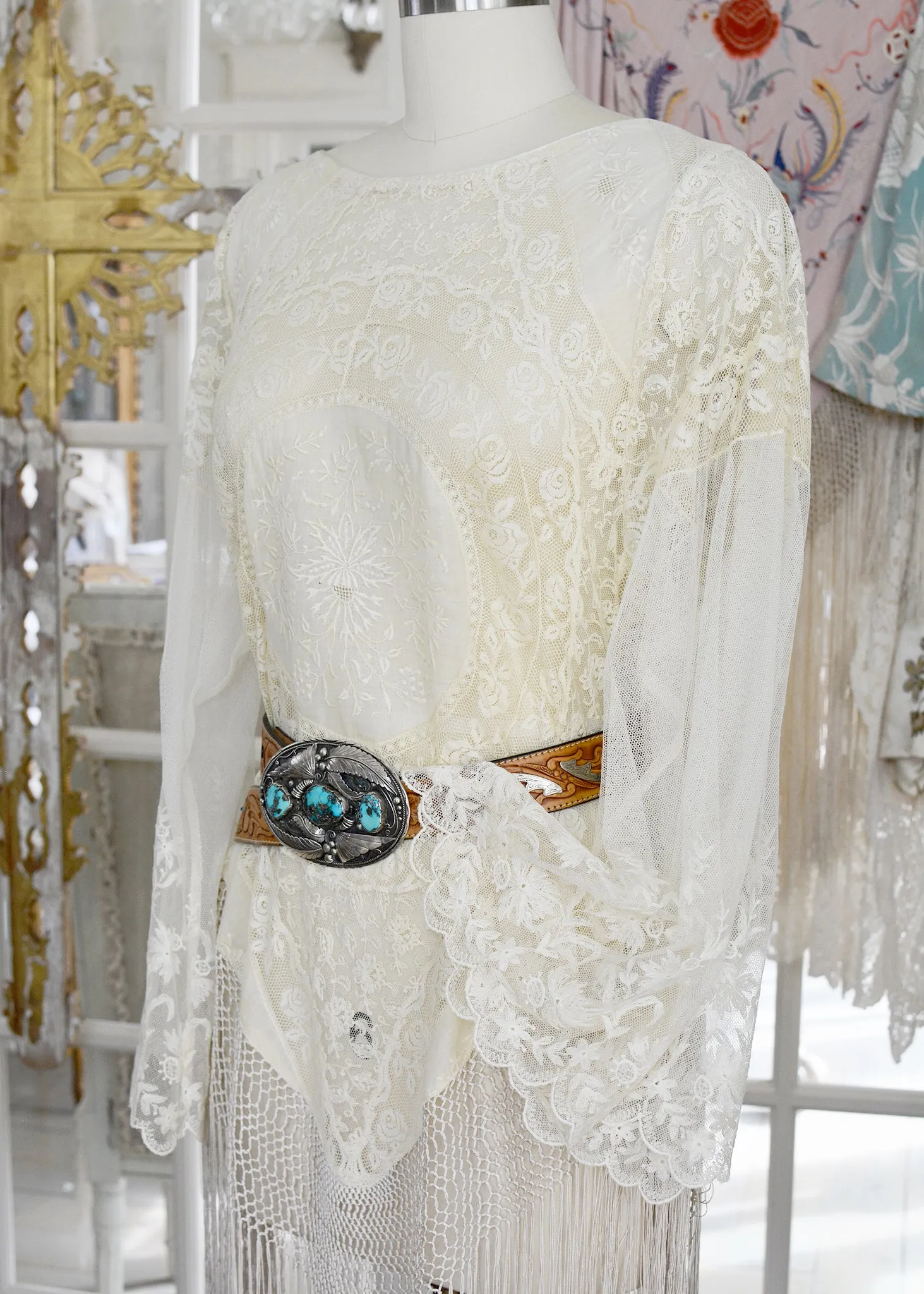 Astrid Antique Normandy Lace Mini Tunic with Silk Fringe