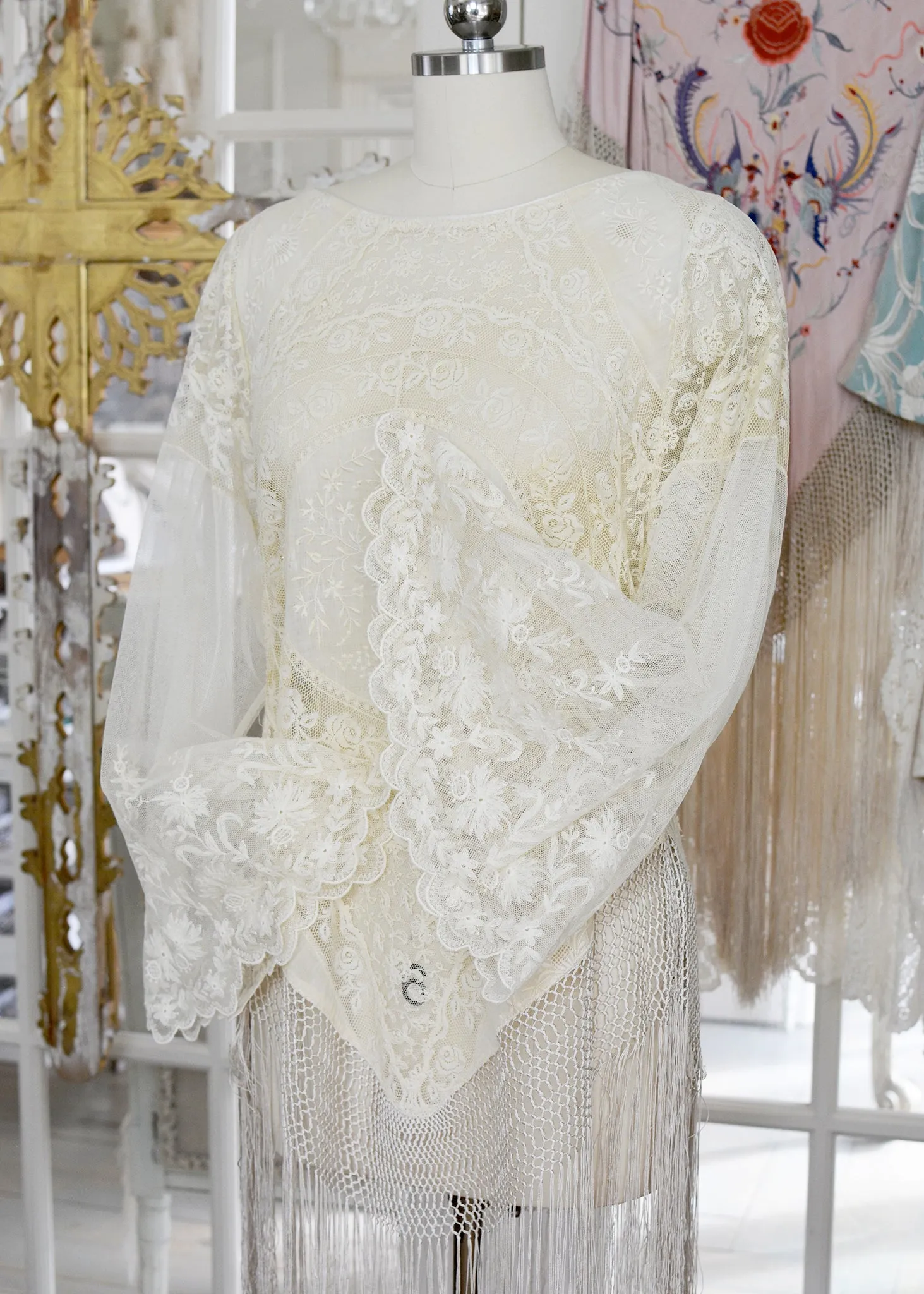 Astrid Antique Normandy Lace Mini Tunic with Silk Fringe