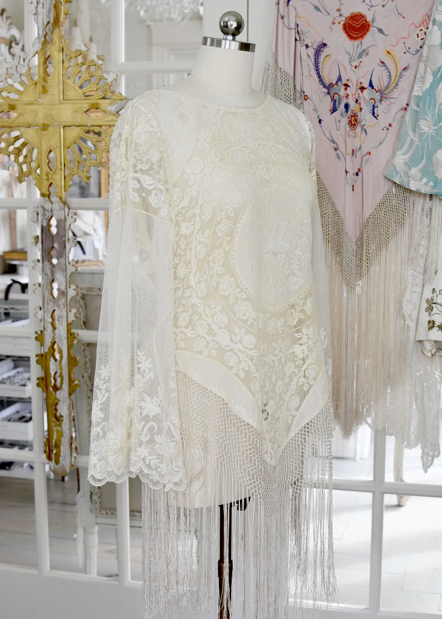 Astrid Antique Normandy Lace Mini Tunic with Silk Fringe