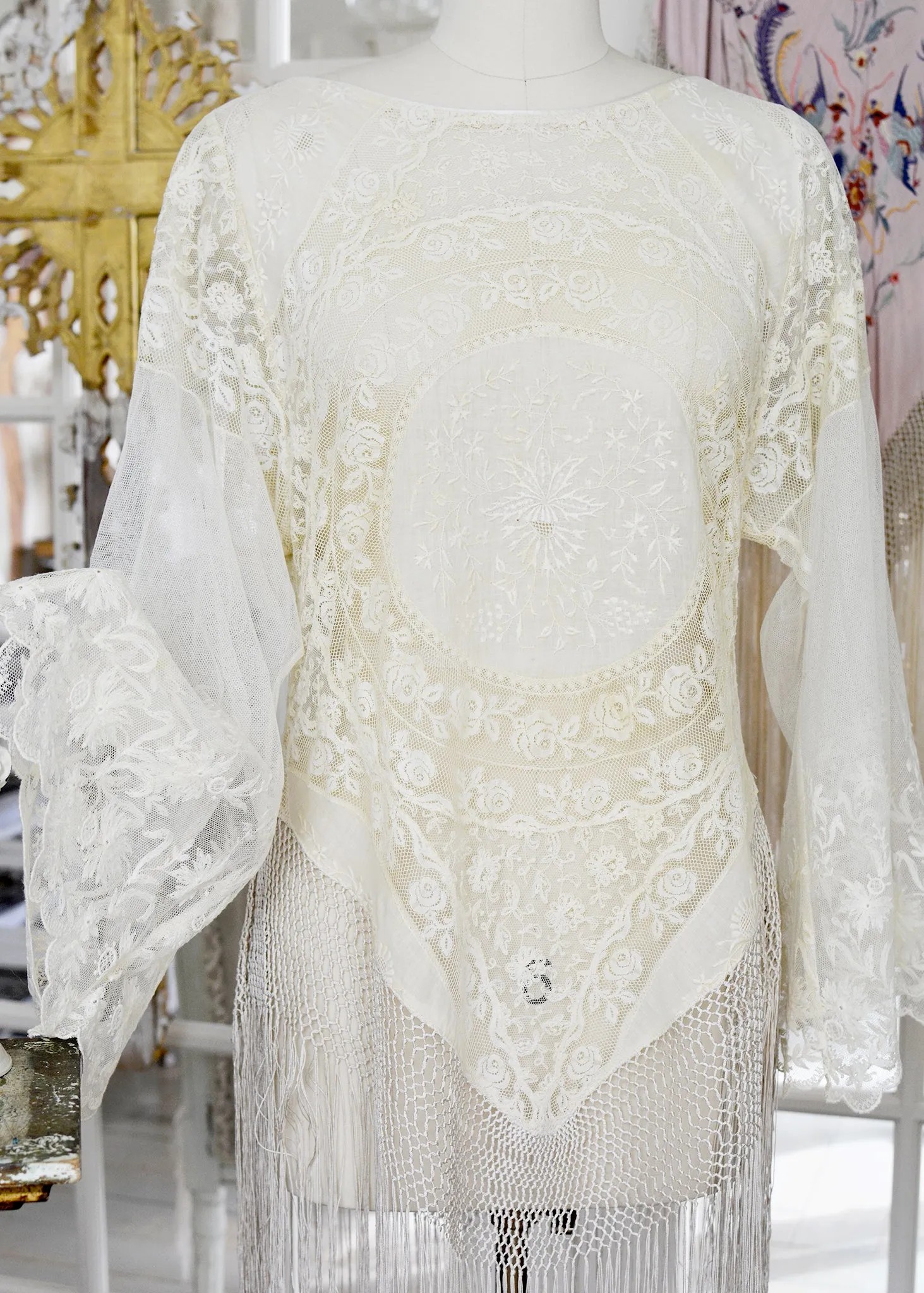 Astrid Antique Normandy Lace Mini Tunic with Silk Fringe