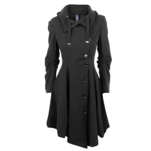 Asymmetric Black Coat Stand Collar Long Sleeve Women Overcoat Elegant Single-Breasted Long Sleeve Slim Fall