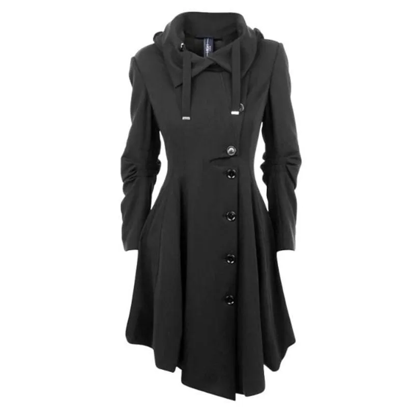 Asymmetric Black Coat Stand Collar Long Sleeve Women Overcoat Elegant Single-Breasted Long Sleeve Slim Fall