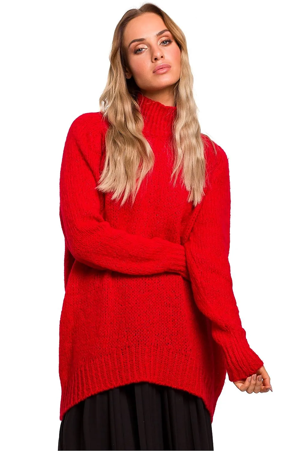 Asymmetric High-Neck Ribbed Sweater