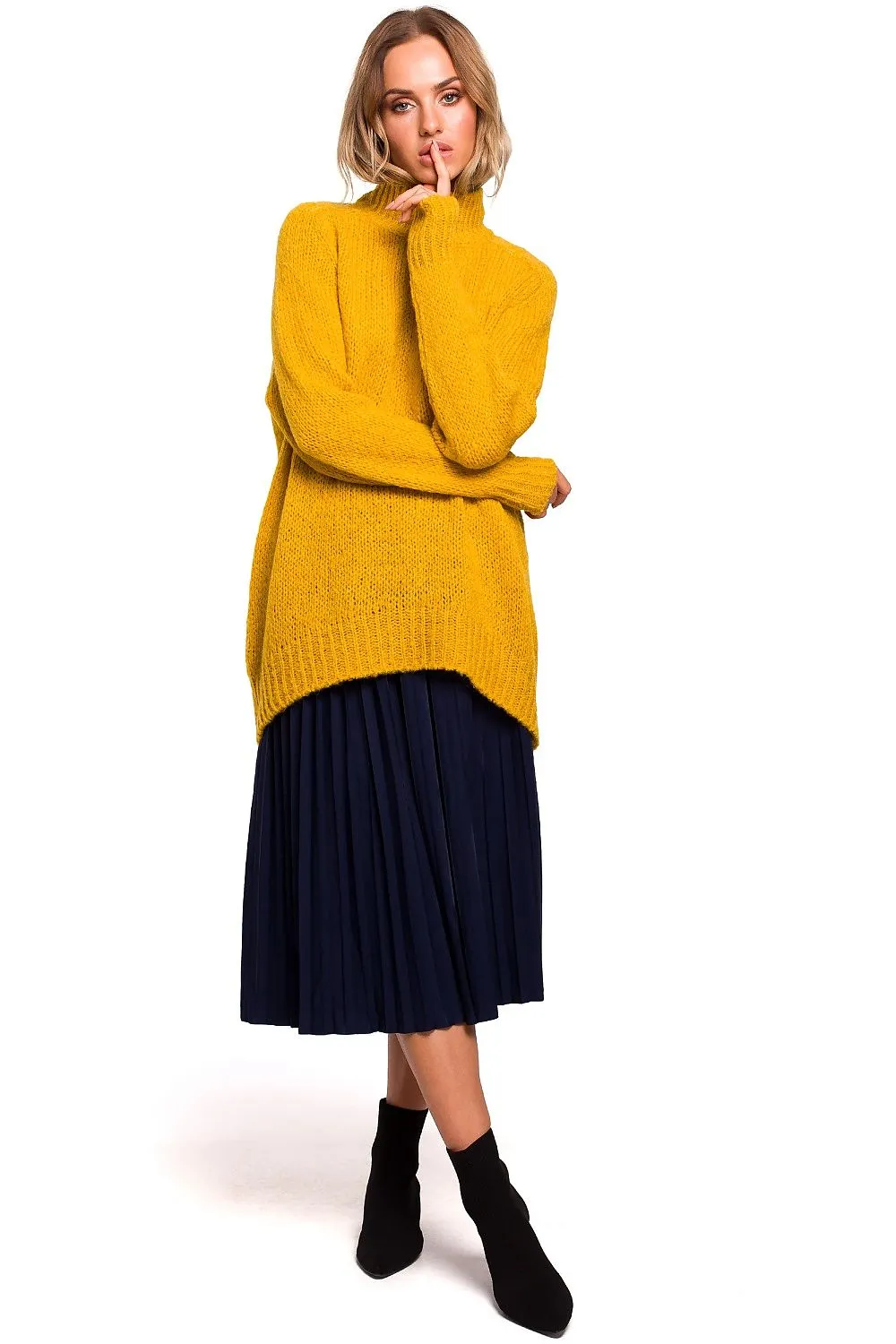 Asymmetric High-Neck Ribbed Sweater