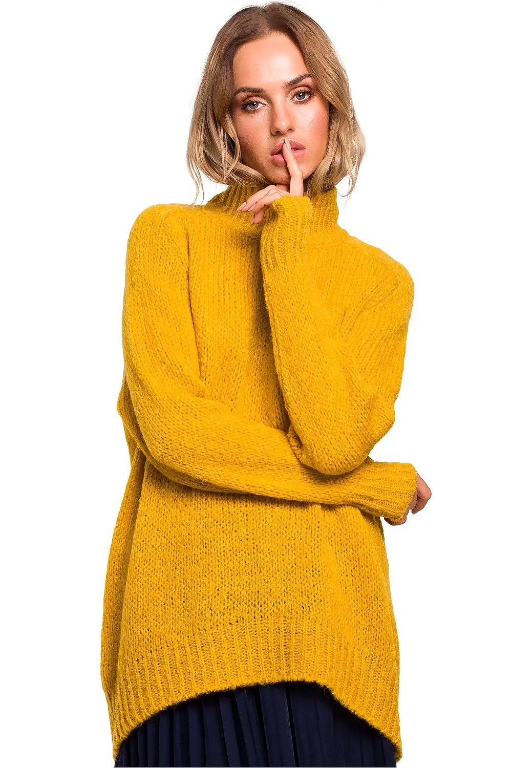 Asymmetric High-Neck Ribbed Sweater