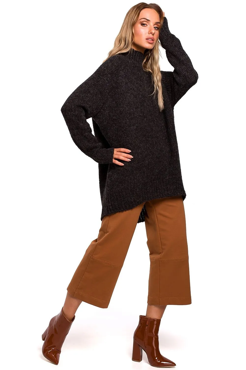 Asymmetric High-Neck Ribbed Sweater