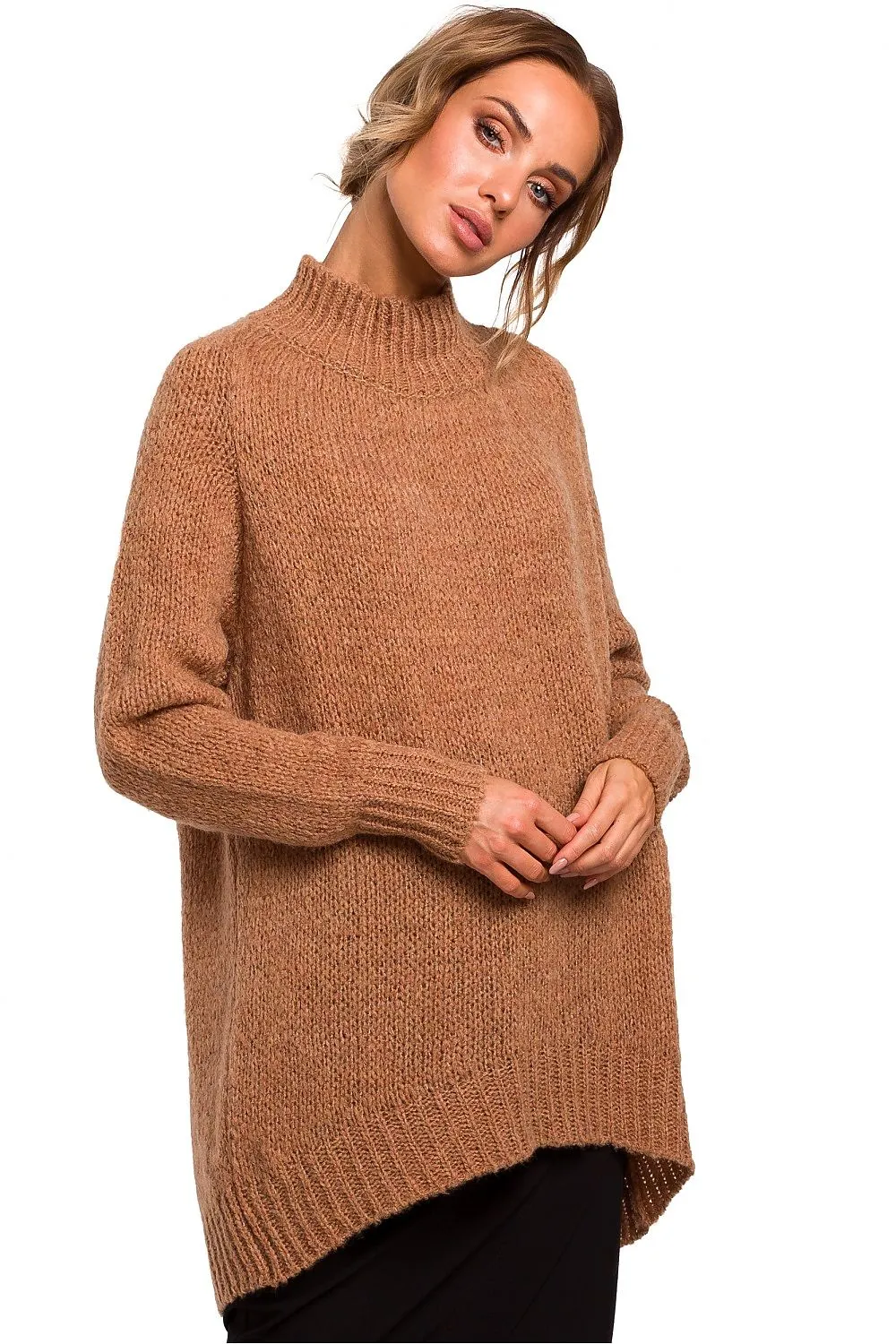 Asymmetric High-Neck Ribbed Sweater
