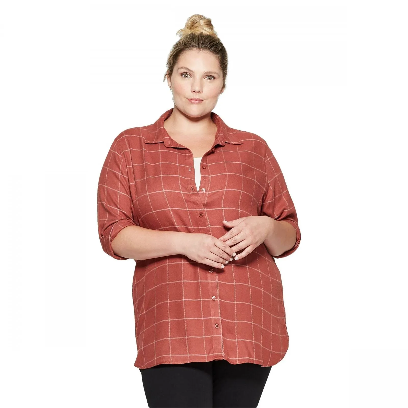 Ava & Viv Plus Size Plaid Long Sleeve Collared Button Down Tunic Shirt