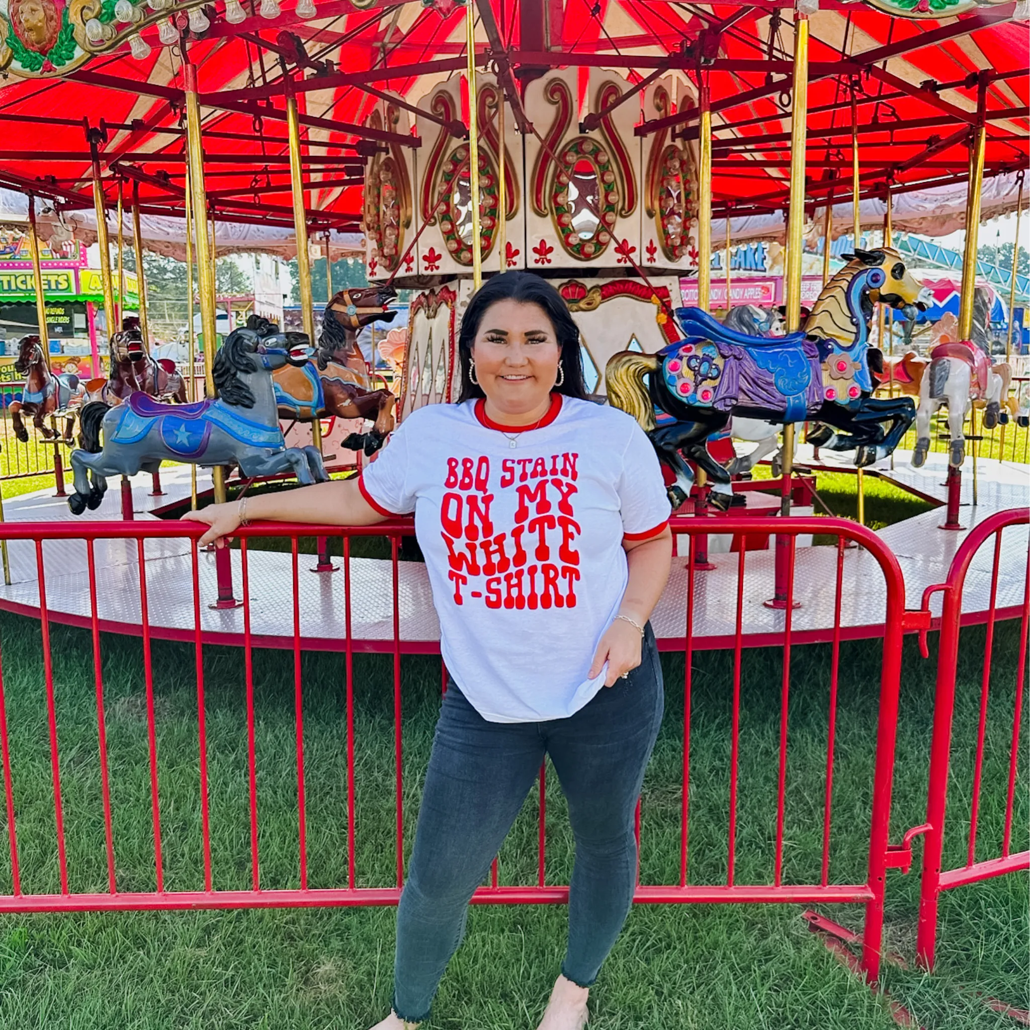 Barbeque Stains on My White With Red Graphics T Shirt