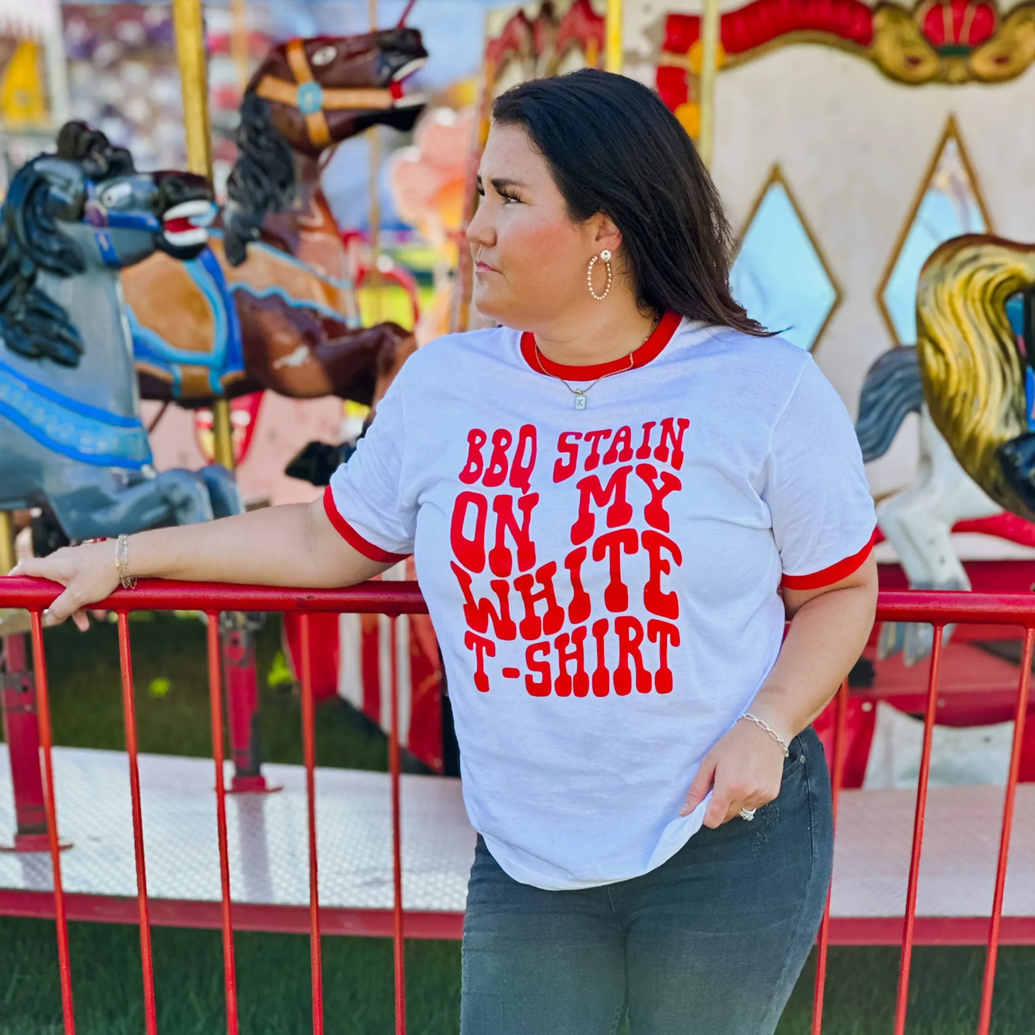 Barbeque Stains on My White With Red Graphics T Shirt