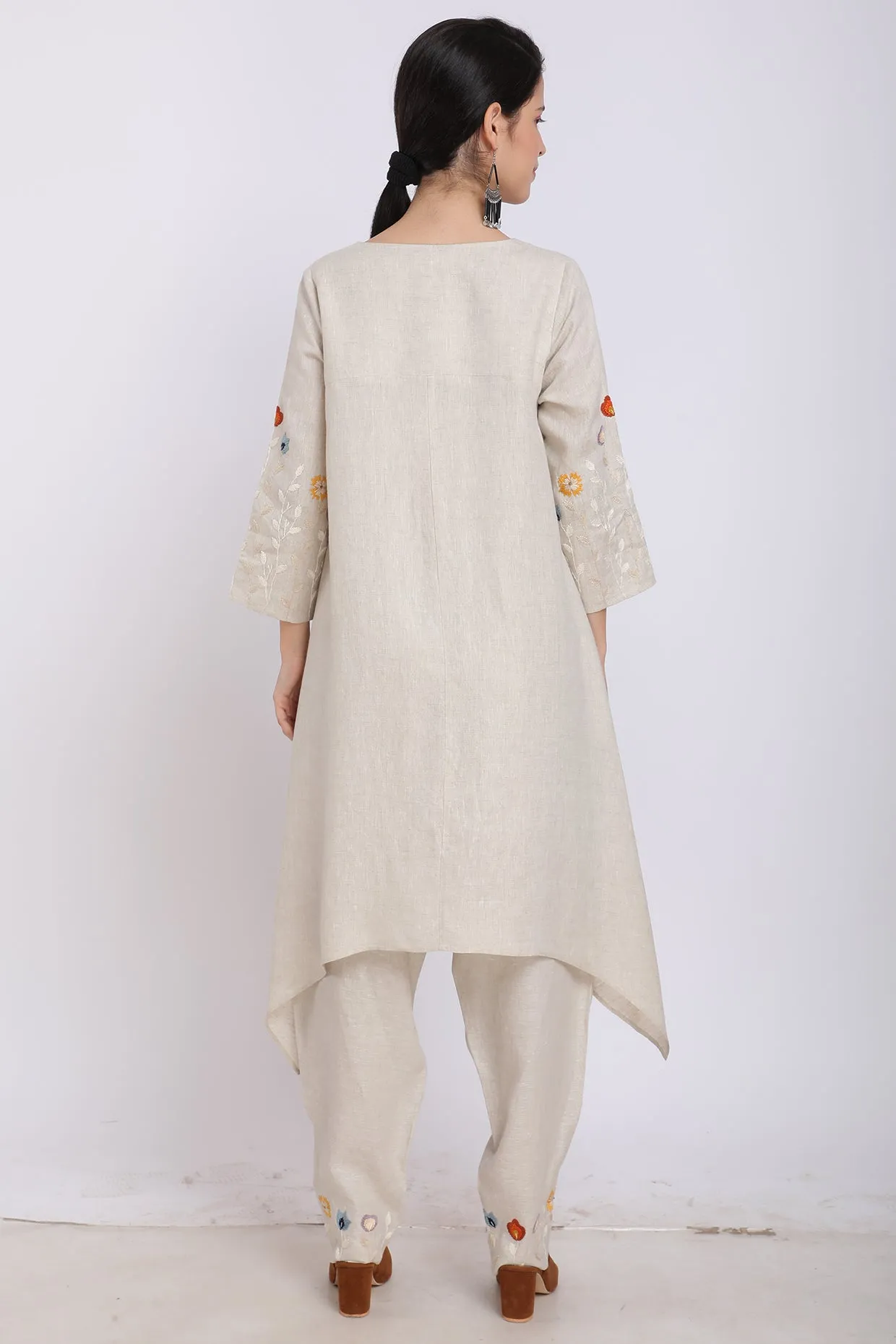 Beige Hand Embroidered High-Low Tunic