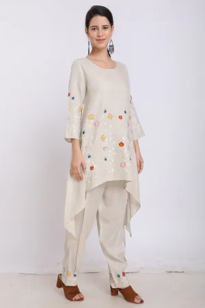 Beige Hand Embroidered High-Low Tunic