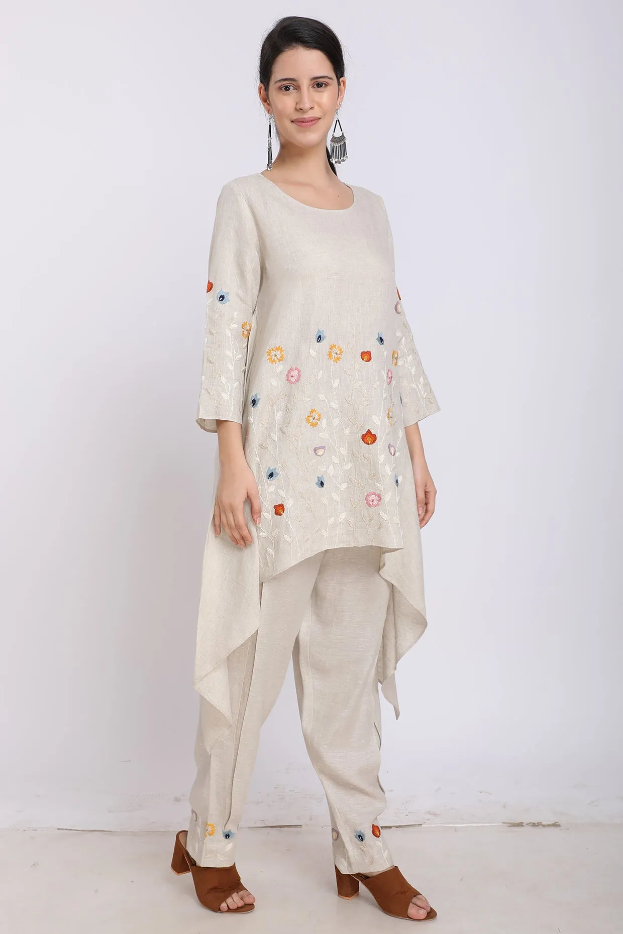 Beige Hand Embroidered High-Low Tunic