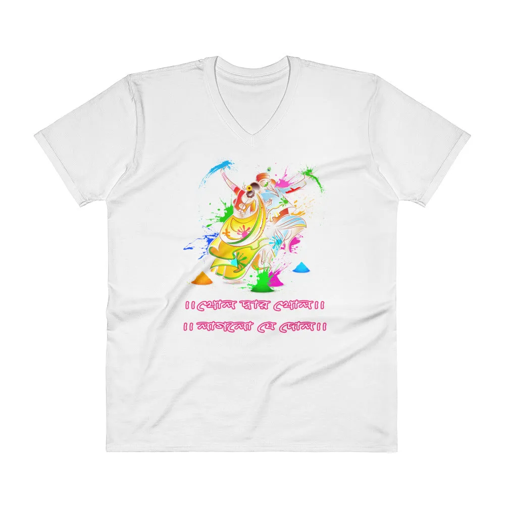 Bengali Lightweight Fashion V-Neck T-Shirt - Khol Dwar Khol- Laglo Je Dol