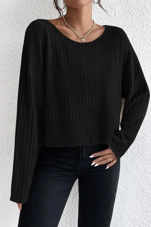 BerryBetty - Ribbed Round Neck Drop Shoulder Long Sleeve Top