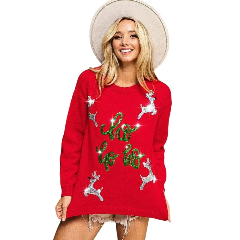 BIBI Green Christmas Sweater with Rudolph and HO HO HO Sequin Embroidery IP5685G-11