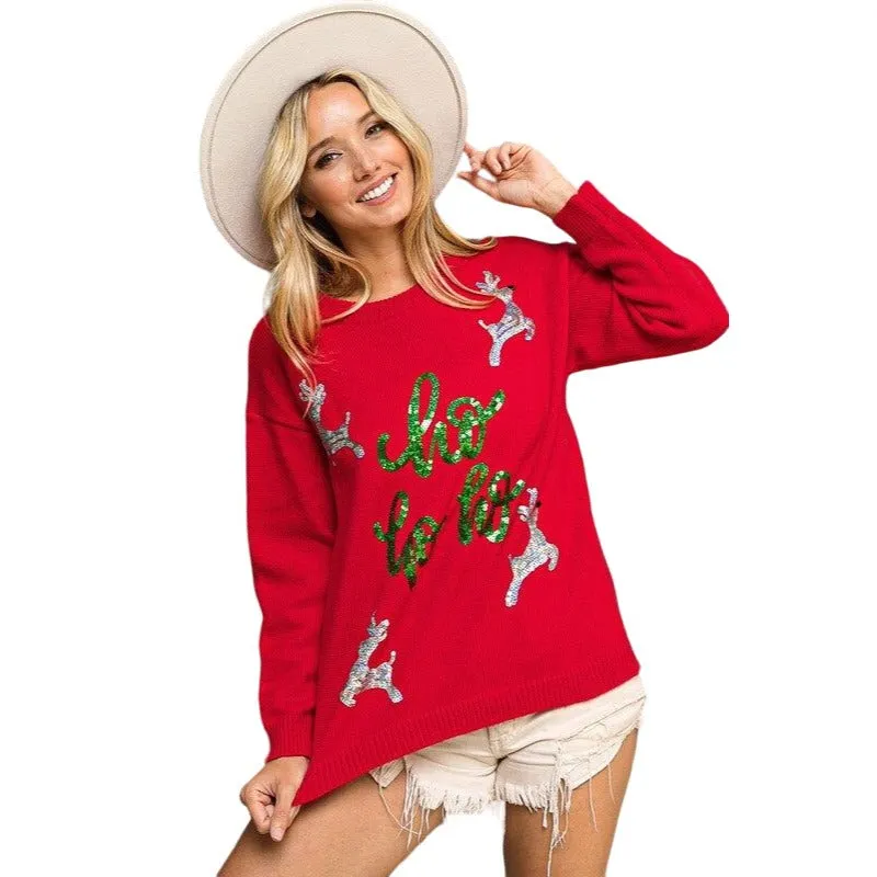 BIBI Green Christmas Sweater with Rudolph and HO HO HO Sequin Embroidery IP5685G-11