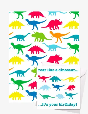 Birthday Dino Gift Wrap   Personalised Card Bundle