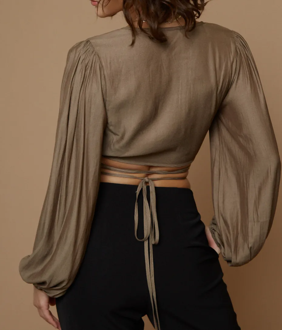 Bishop Sleeve Wrap Tie Crop Top