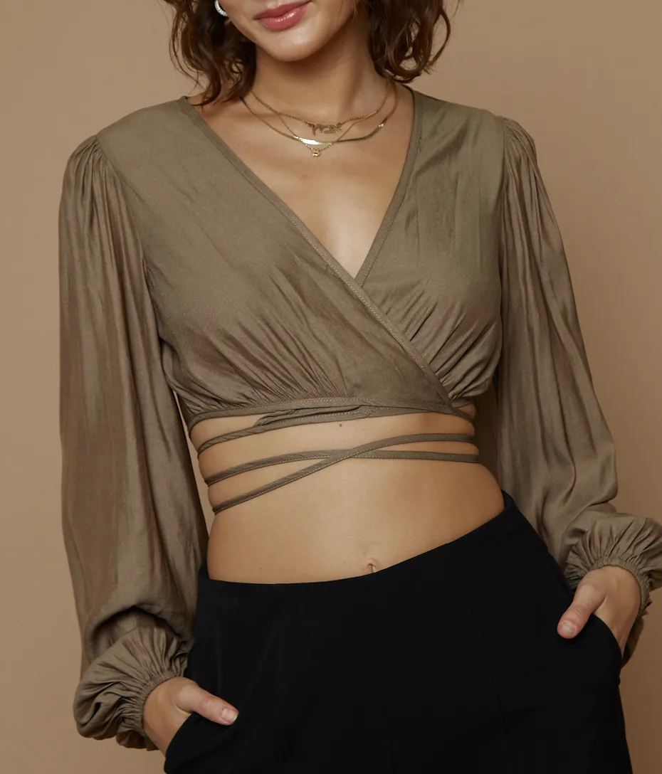 Bishop Sleeve Wrap Tie Crop Top