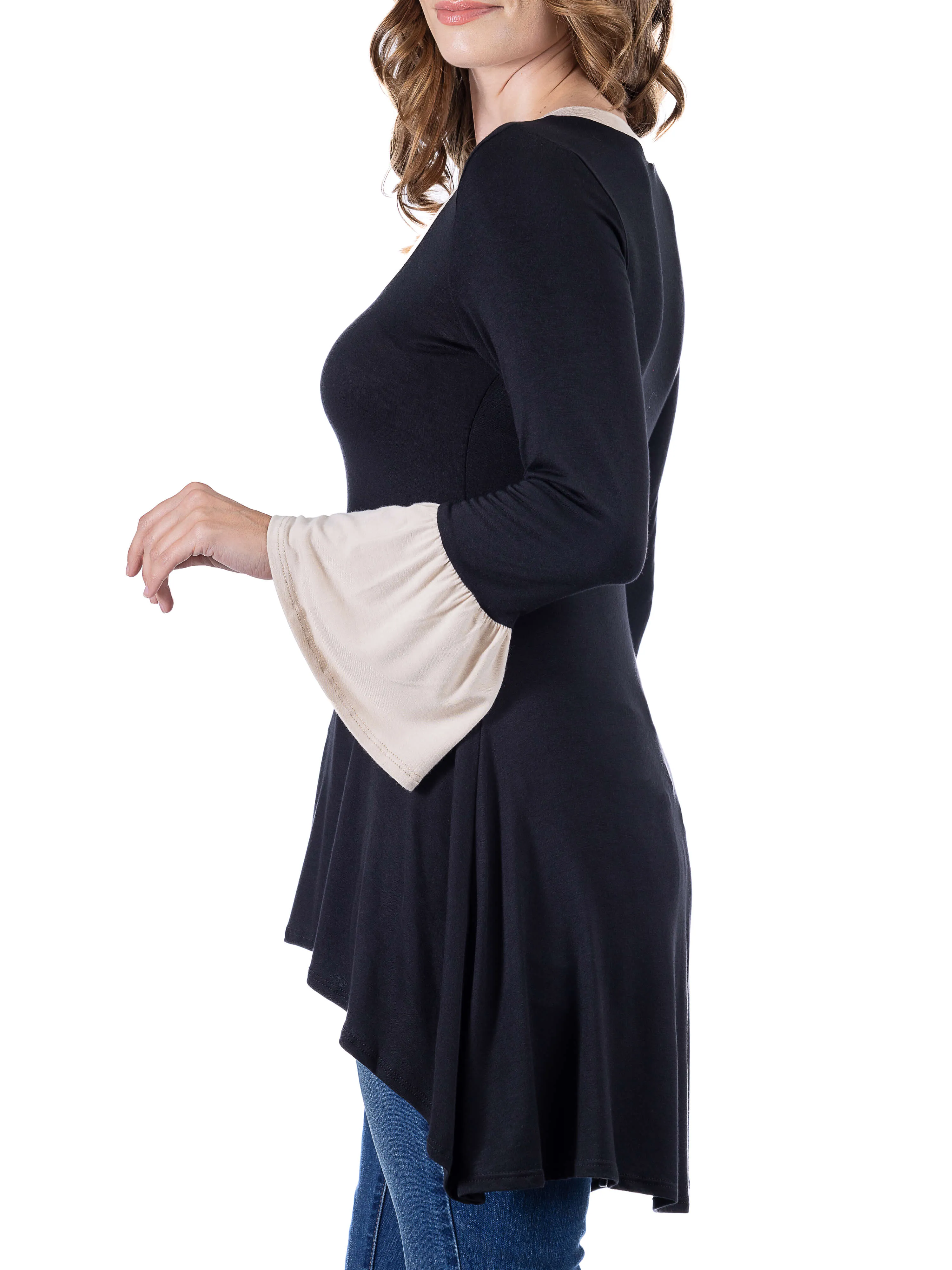 Black and Beige Bell Sleeve Hi Low Tunic Top