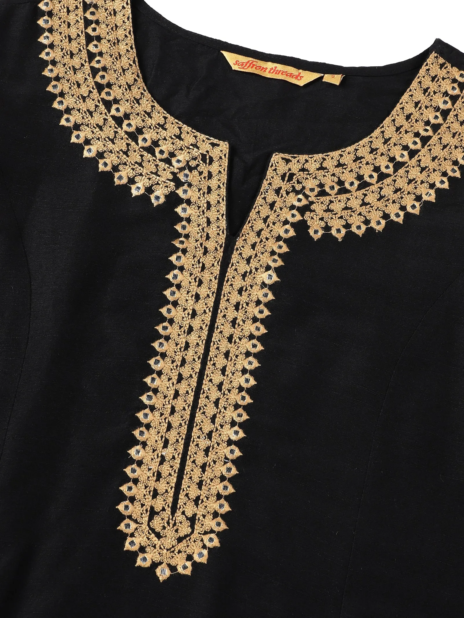 Black Art Silk Kurta with Embroidery & Lace Details