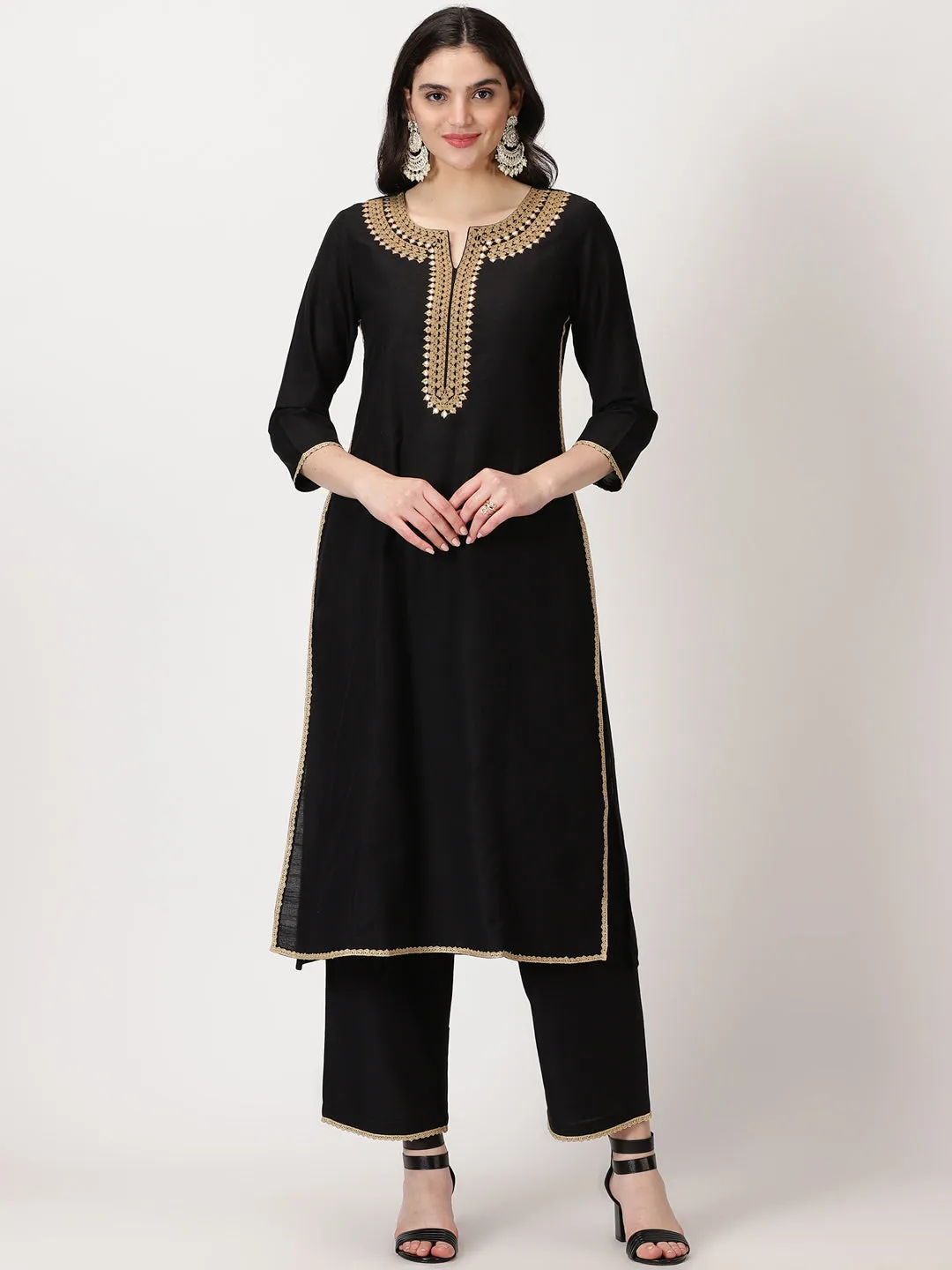 Black Art Silk Kurta with Embroidery & Lace Details